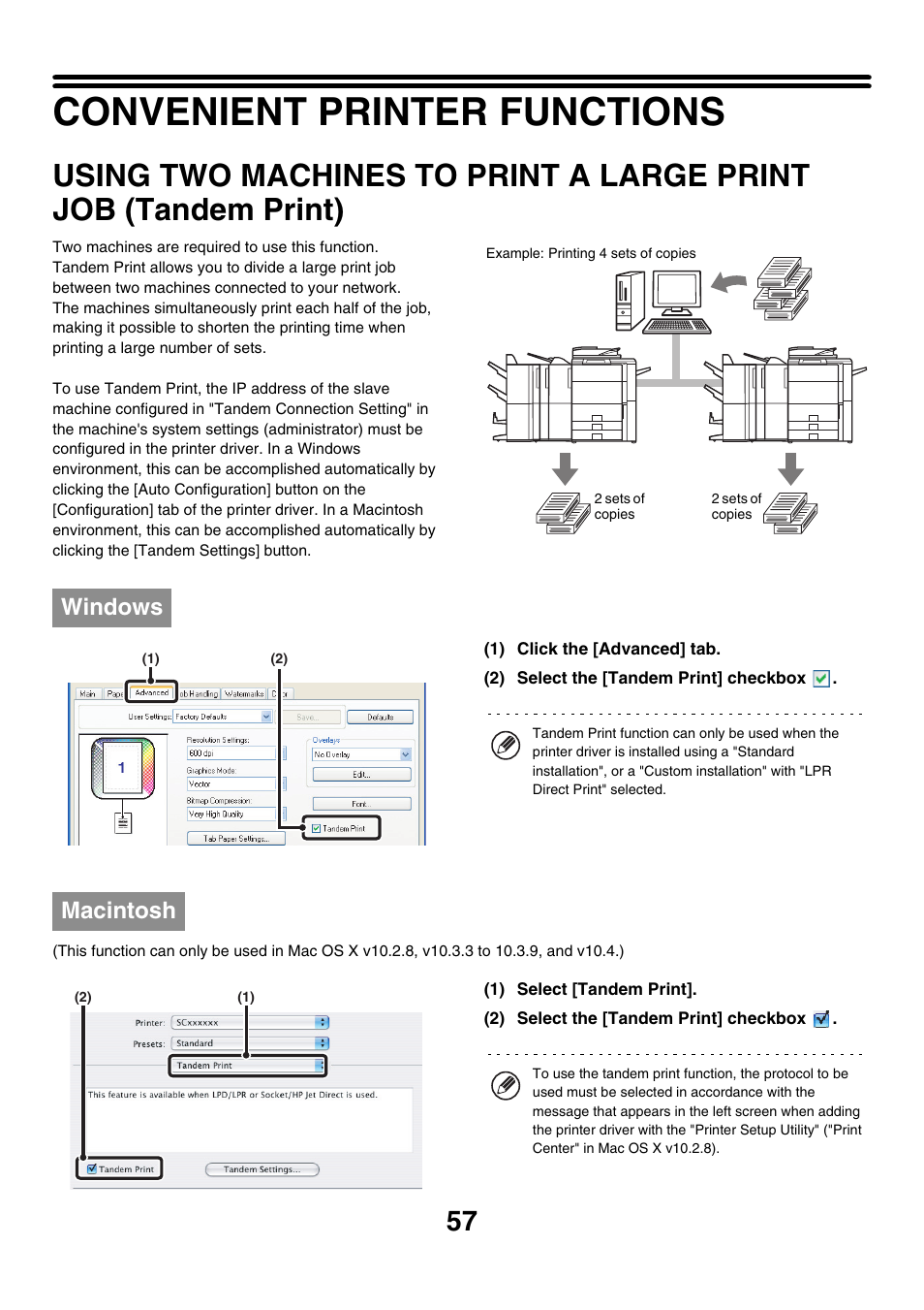 Convenient printer functions, Using two machines to print a large, Print job (tandem print) | E 57), Windows, Macintosh | Sharp MX-7001 User Manual | Page 539 / 710