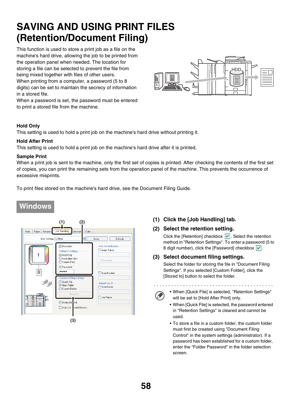 Saving and using print files, Retention/document filing), Windows | Sharp MX-7001 User Manual | Page 540 / 710