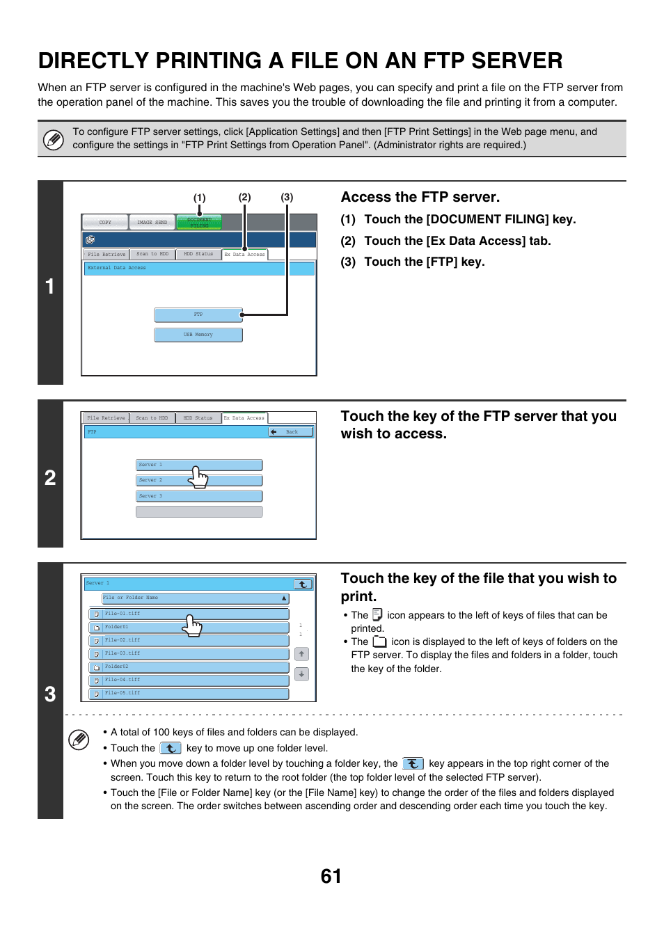 Directly printing a file on an ftp, Server, Directly printing a file on an ftp server | Access the ftp server, Touch the key of the file that you wish to print | Sharp MX-7001 User Manual | Page 543 / 710
