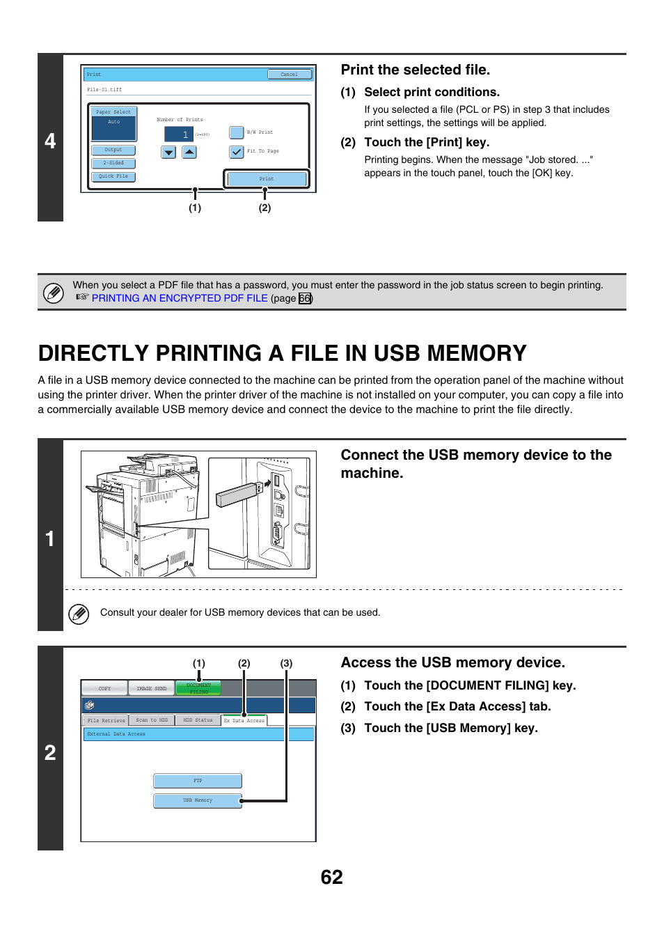 Directly printing a file in usb memory, Print the selected file, 1) select print conditions | 2) touch the [print] key | Sharp MX-7001 User Manual | Page 544 / 710