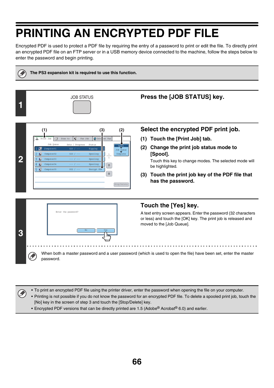 Printing an encrypted pdf file, Press the [job status] key, Select the encrypted pdf print job | Touch the [yes] key | Sharp MX-7001 User Manual | Page 548 / 710