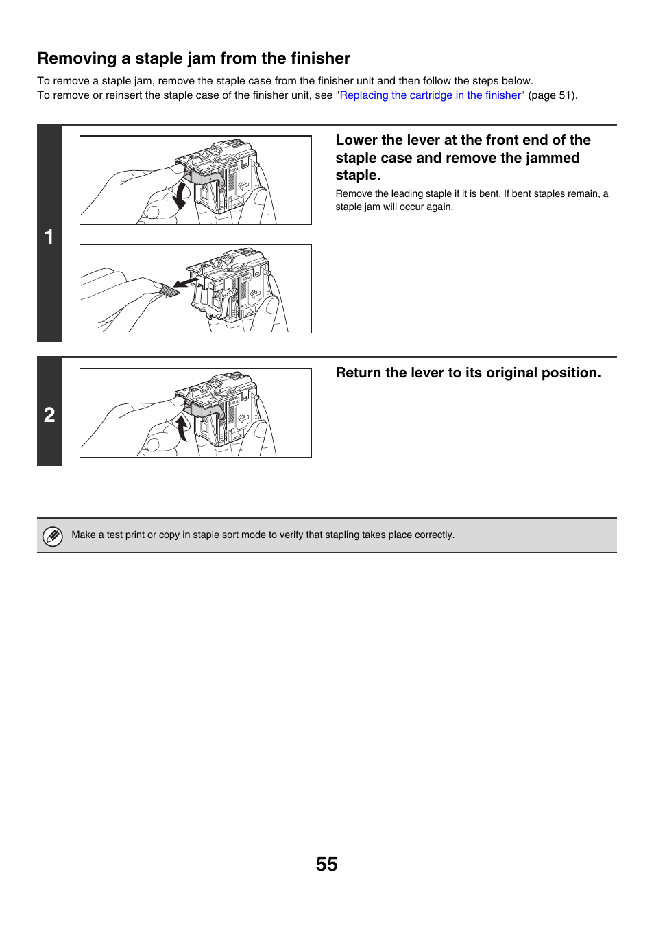 Removing a staple jam from the finisher | Sharp MX-7001 User Manual | Page 55 / 710