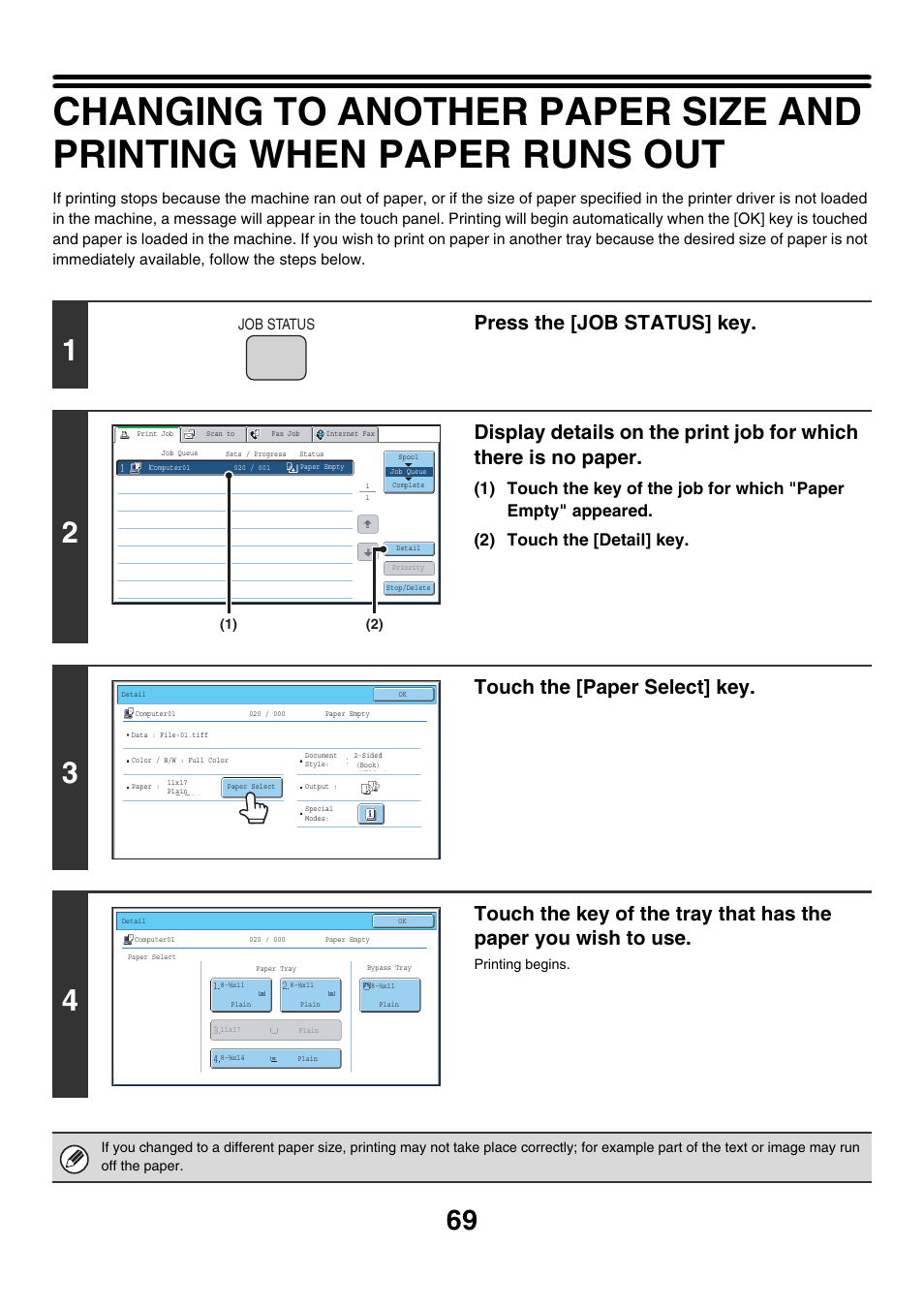 Press the [job status] key, Touch the [paper select] key | Sharp MX-7001 User Manual | Page 551 / 710
