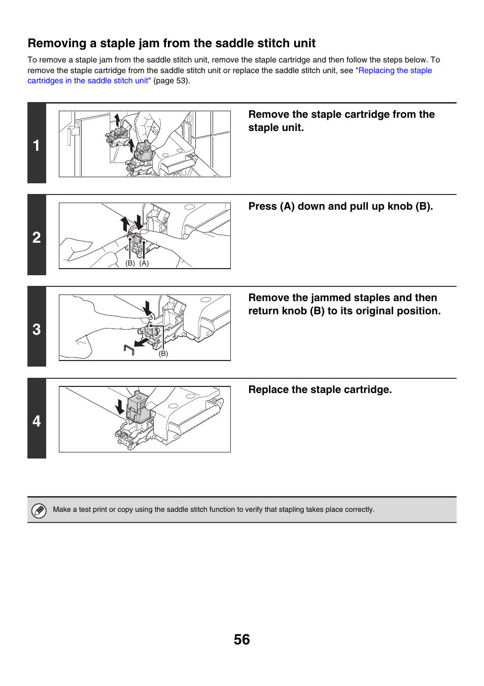 Removing a staple jam from the saddle stitch unit | Sharp MX-7001 User Manual | Page 56 / 710