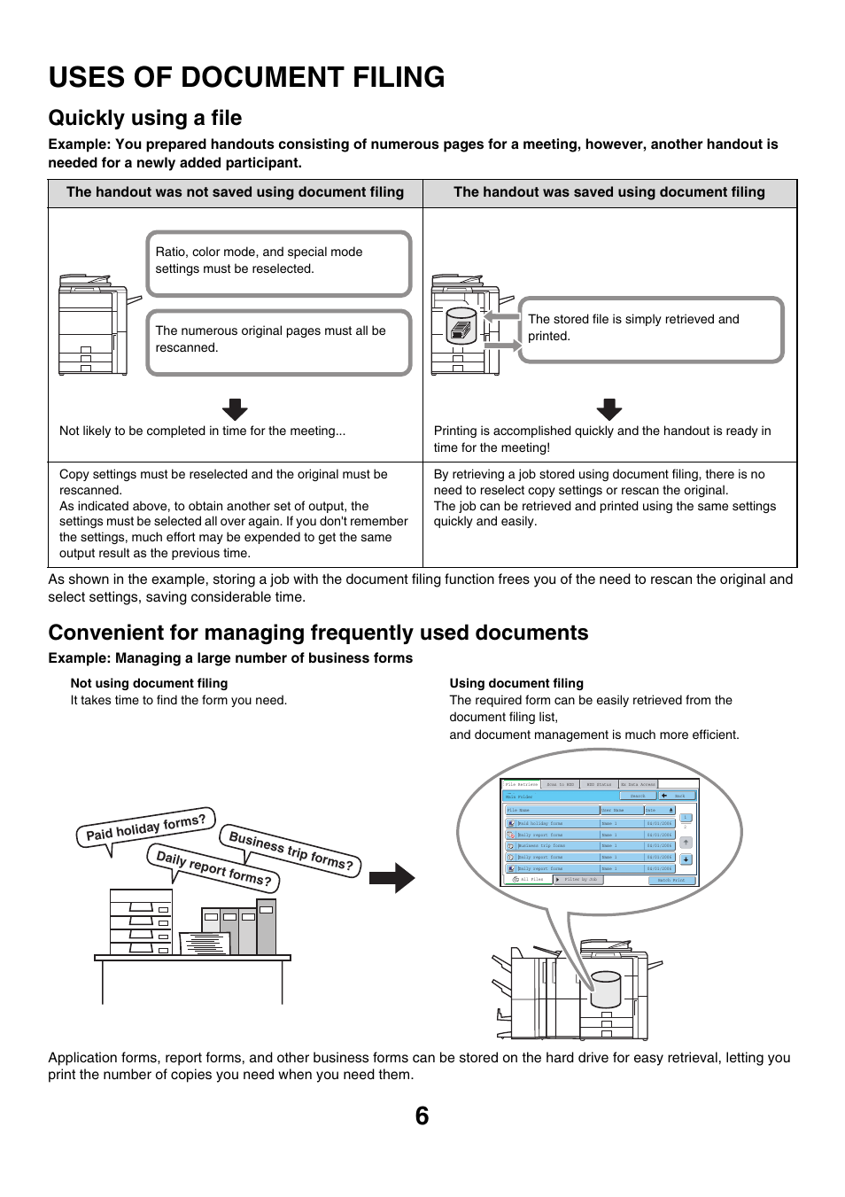 Uses of document filing, Quickly using a file, Convenient for managing frequently used documents | Sharp MX-7001 User Manual | Page 560 / 710