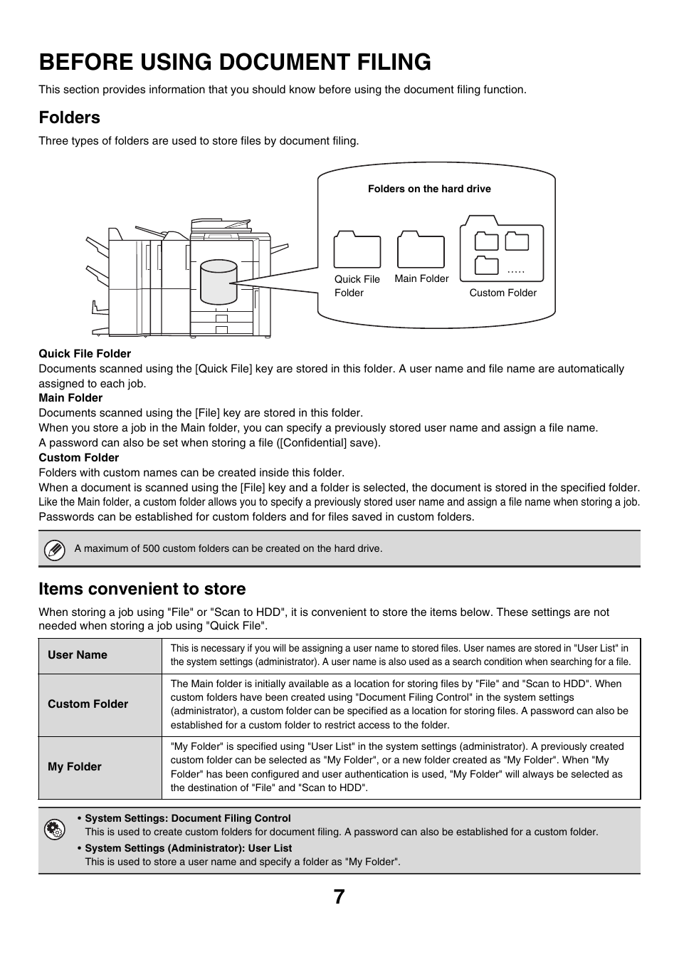 Before using document filing, Folders, Items convenient to store | Sharp MX-7001 User Manual | Page 561 / 710