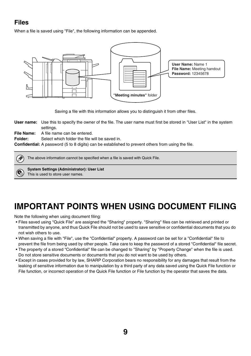 Important points when using, Document filing, Important points when using document filing | Files | Sharp MX-7001 User Manual | Page 563 / 710
