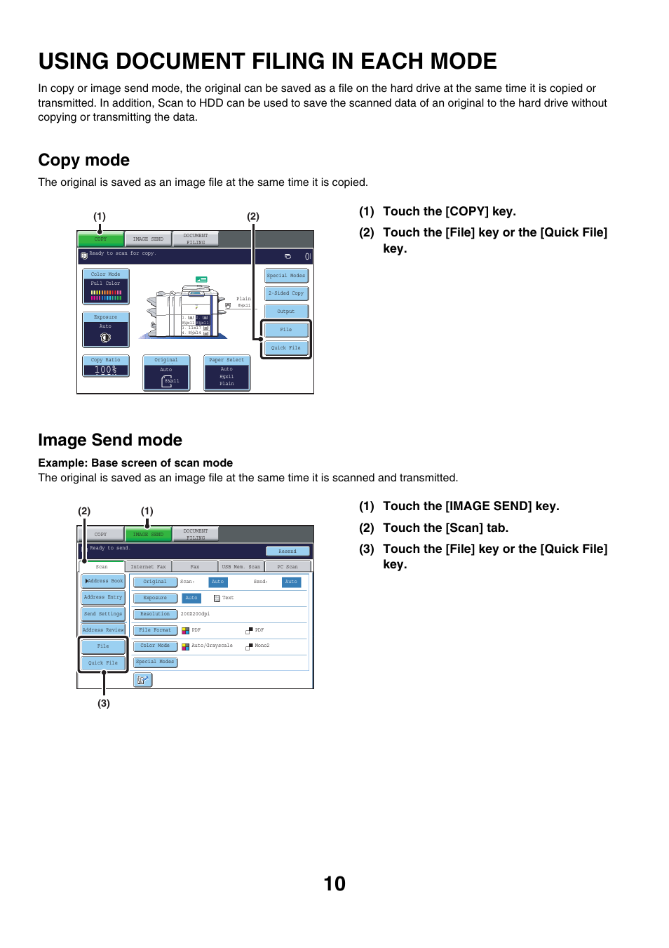 Using document filing in each mode, Copy mode, Image send mode | Sharp MX-7001 User Manual | Page 564 / 710