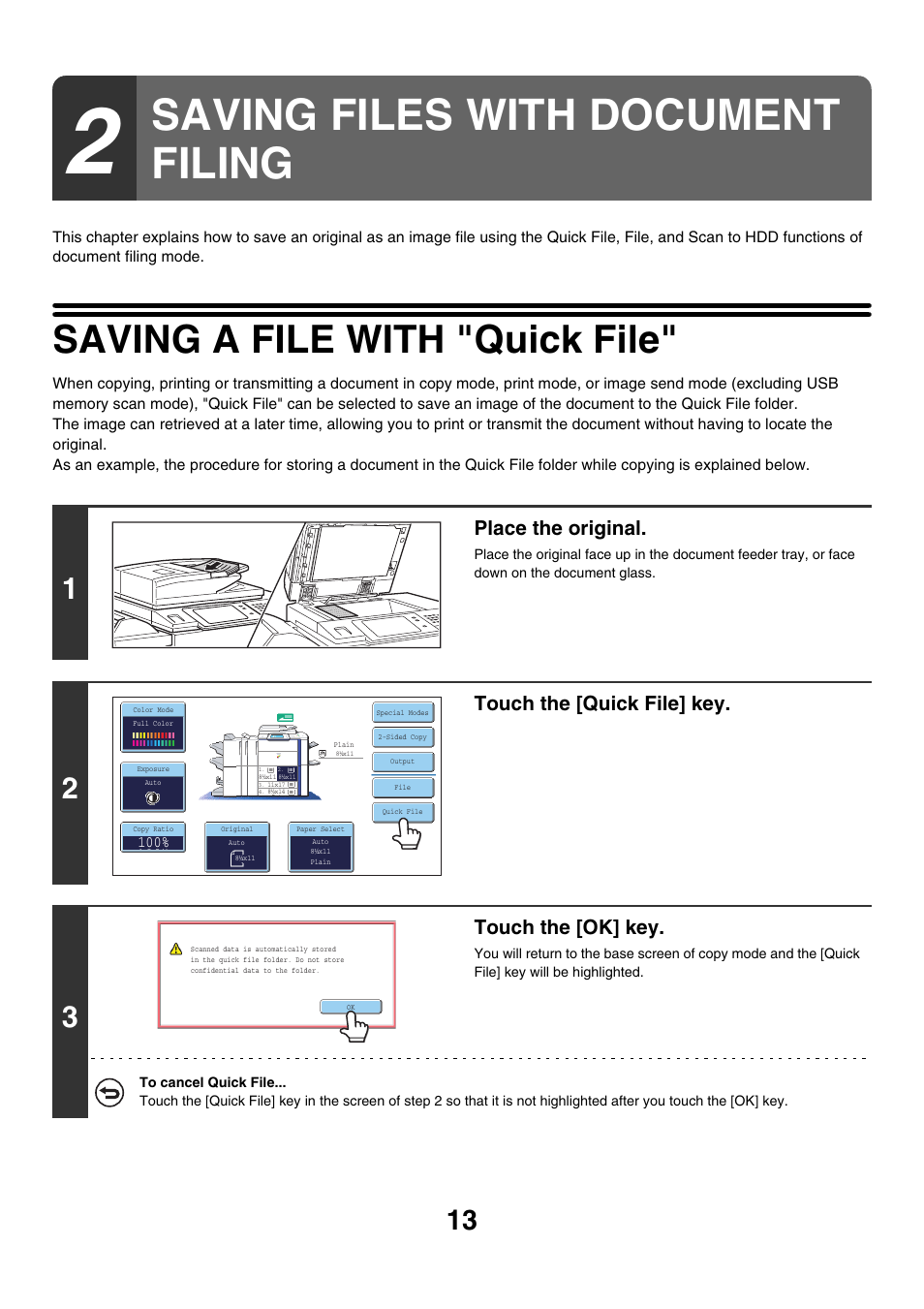 Saving files with document filing, Saving a file with "quick file, Place the original | Touch the [quick file] key, Touch the [ok] key | Sharp MX-7001 User Manual | Page 567 / 710
