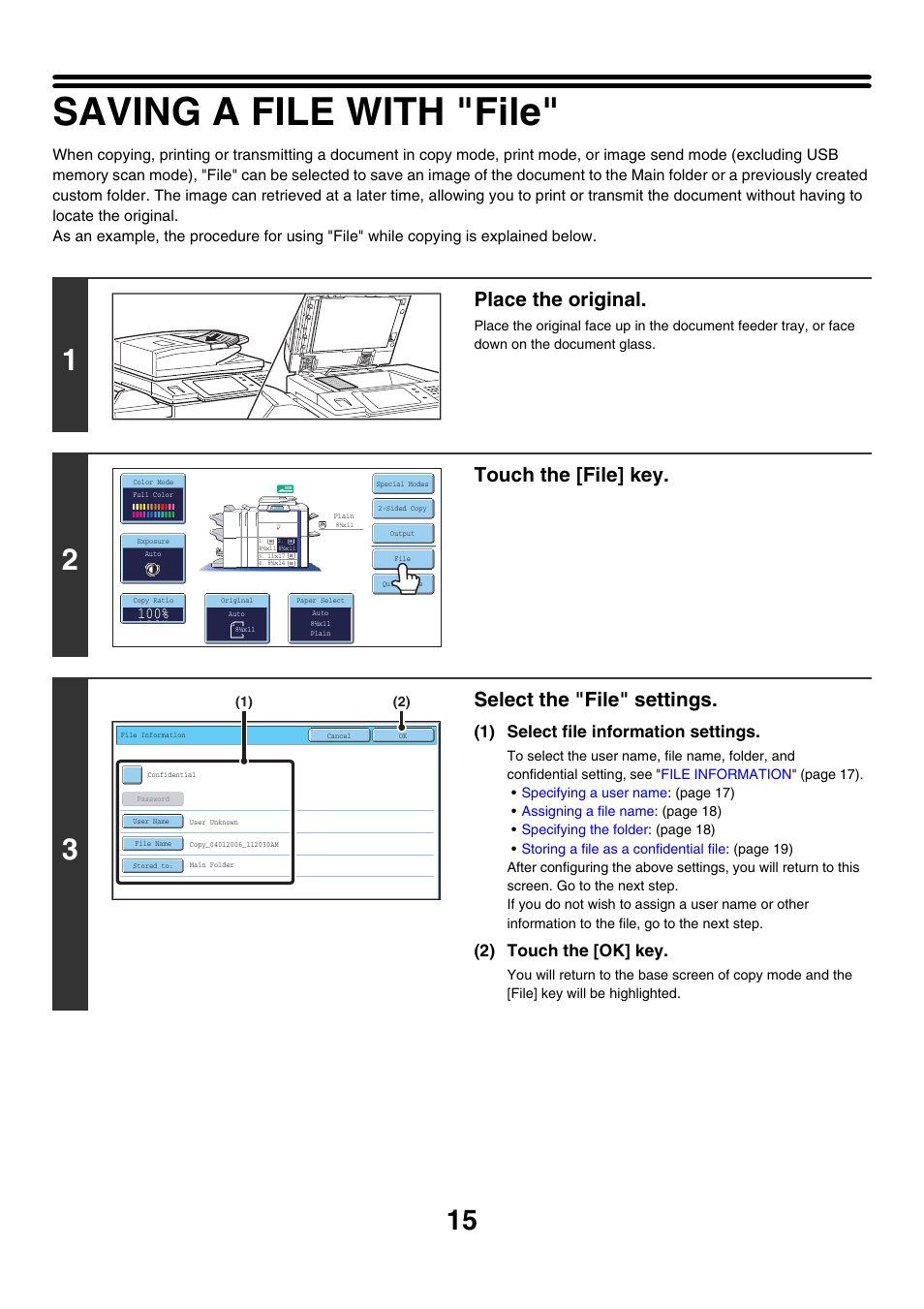 Saving a file with "file, Place the original, Touch the [file] key | Select the "file" settings, 1) select file information settings, 2) touch the [ok] key | Sharp MX-7001 User Manual | Page 569 / 710