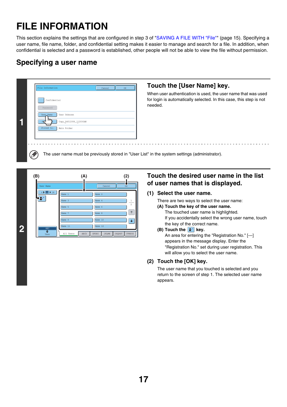 File information, Specifying a user name, E 17) | Touch the [user name] key, 1) select the user name, 2) touch the [ok] key | Sharp MX-7001 User Manual | Page 571 / 710