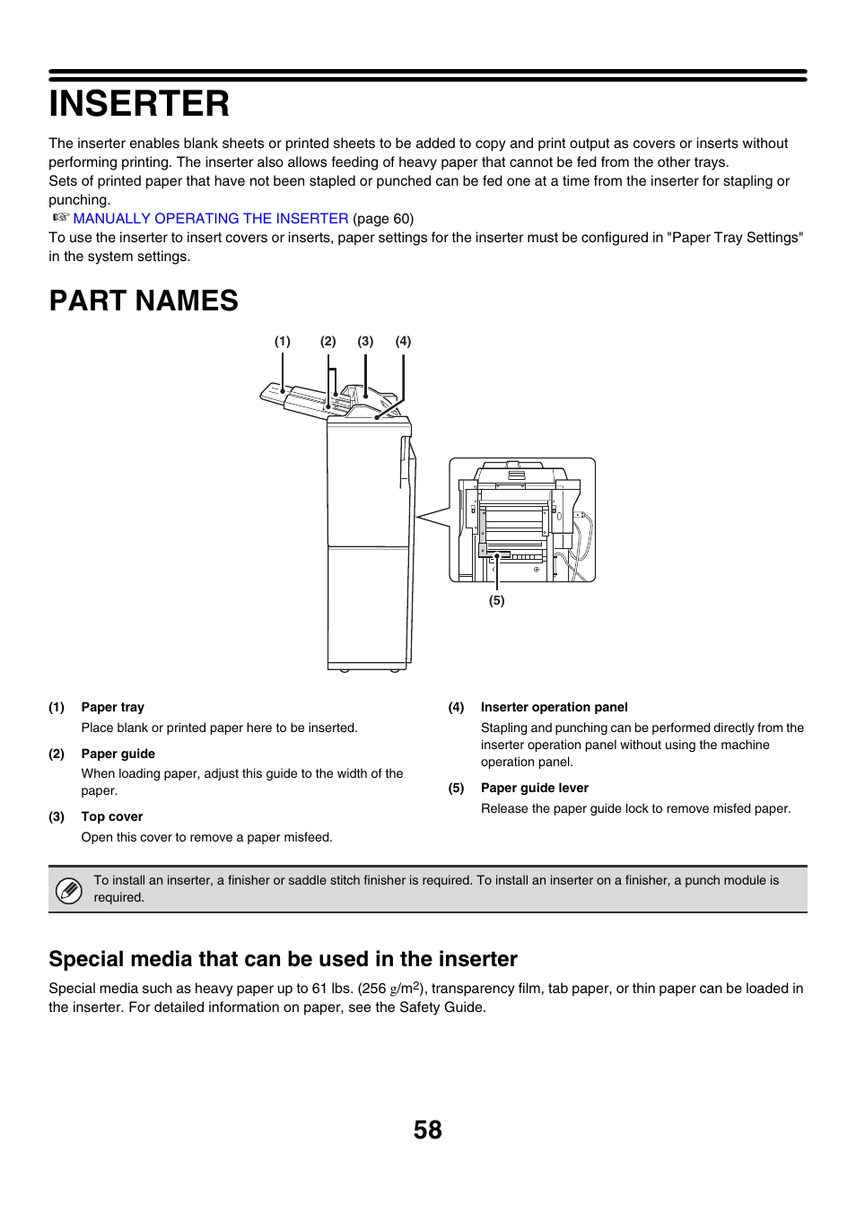 Inserter, Part names, Special media that can be used in the inserter | Sharp MX-7001 User Manual | Page 58 / 710