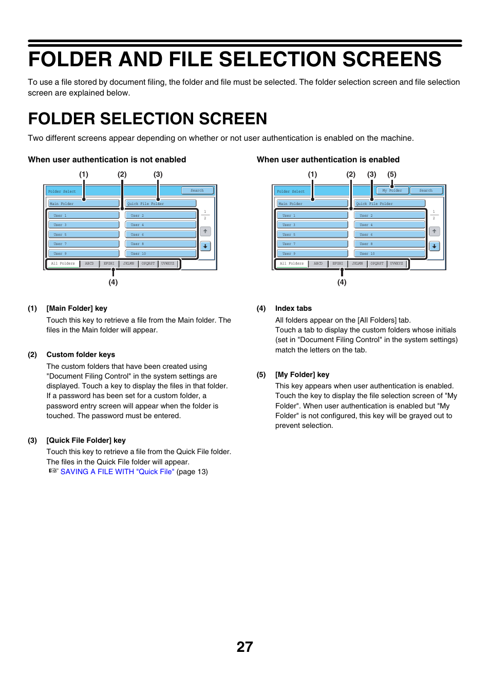 Folder and file selection screens, Folder selection screen, E 27) | Sharp MX-7001 User Manual | Page 581 / 710