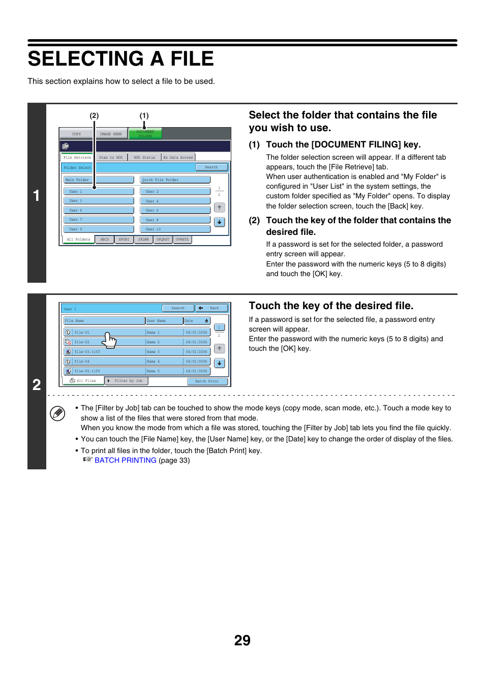 Selecting a file, Touch the key of the desired file, 1) touch the [document filing] key | Sharp MX-7001 User Manual | Page 583 / 710