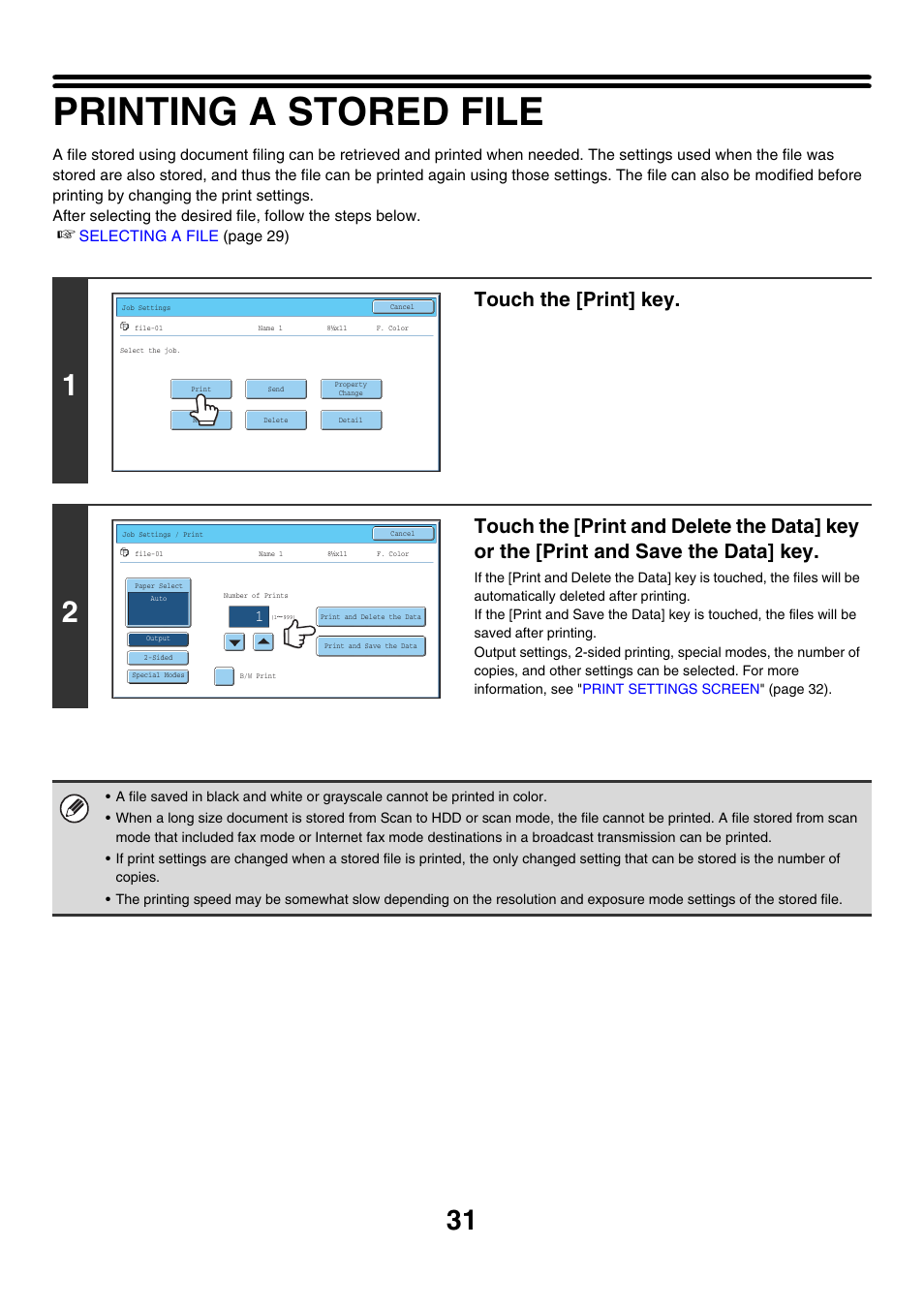 Printing a stored file, Touch the [print] key | Sharp MX-7001 User Manual | Page 585 / 710
