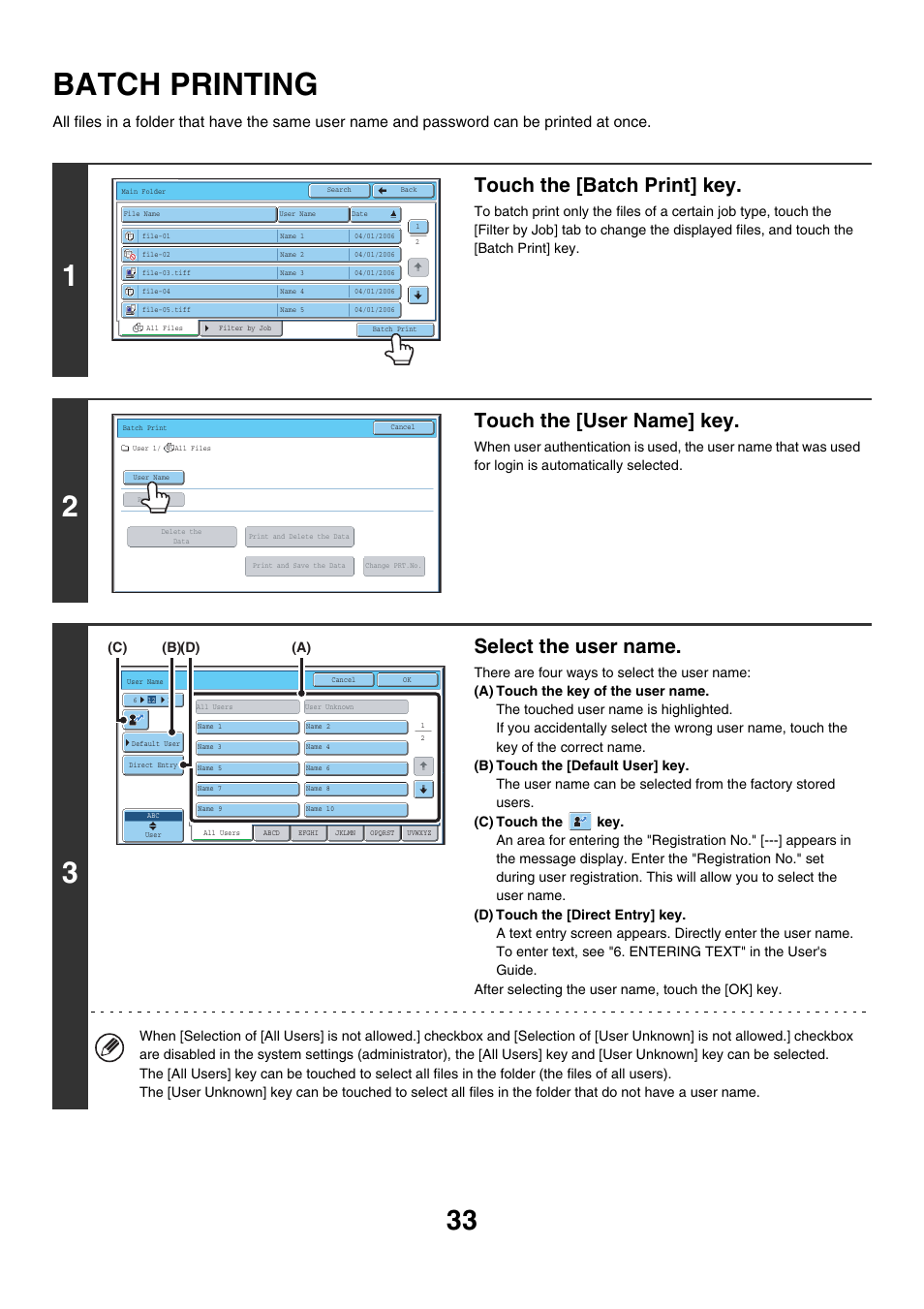 Batch printing, E 33), Touch the [batch print] key | Touch the [user name] key, Select the user name | Sharp MX-7001 User Manual | Page 587 / 710