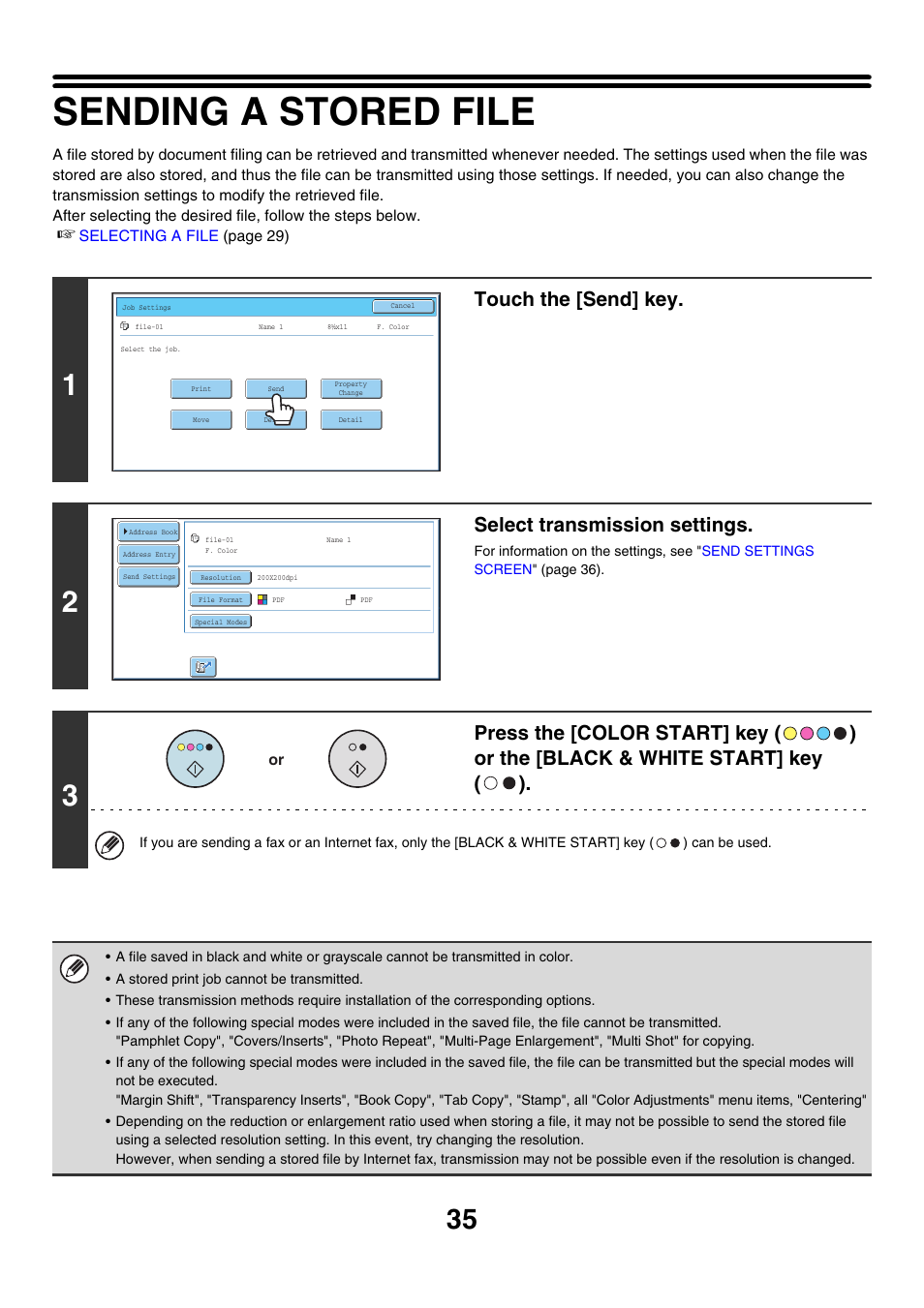 Sending a stored file, Touch the [send] key, Select transmission settings | Sharp MX-7001 User Manual | Page 589 / 710