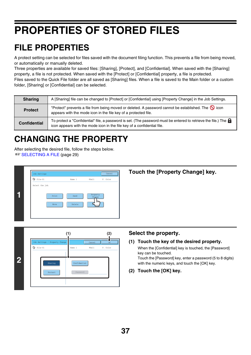 Properties of stored files, File properties, Changing the property | Touch the [property change] key, Select the property | Sharp MX-7001 User Manual | Page 591 / 710