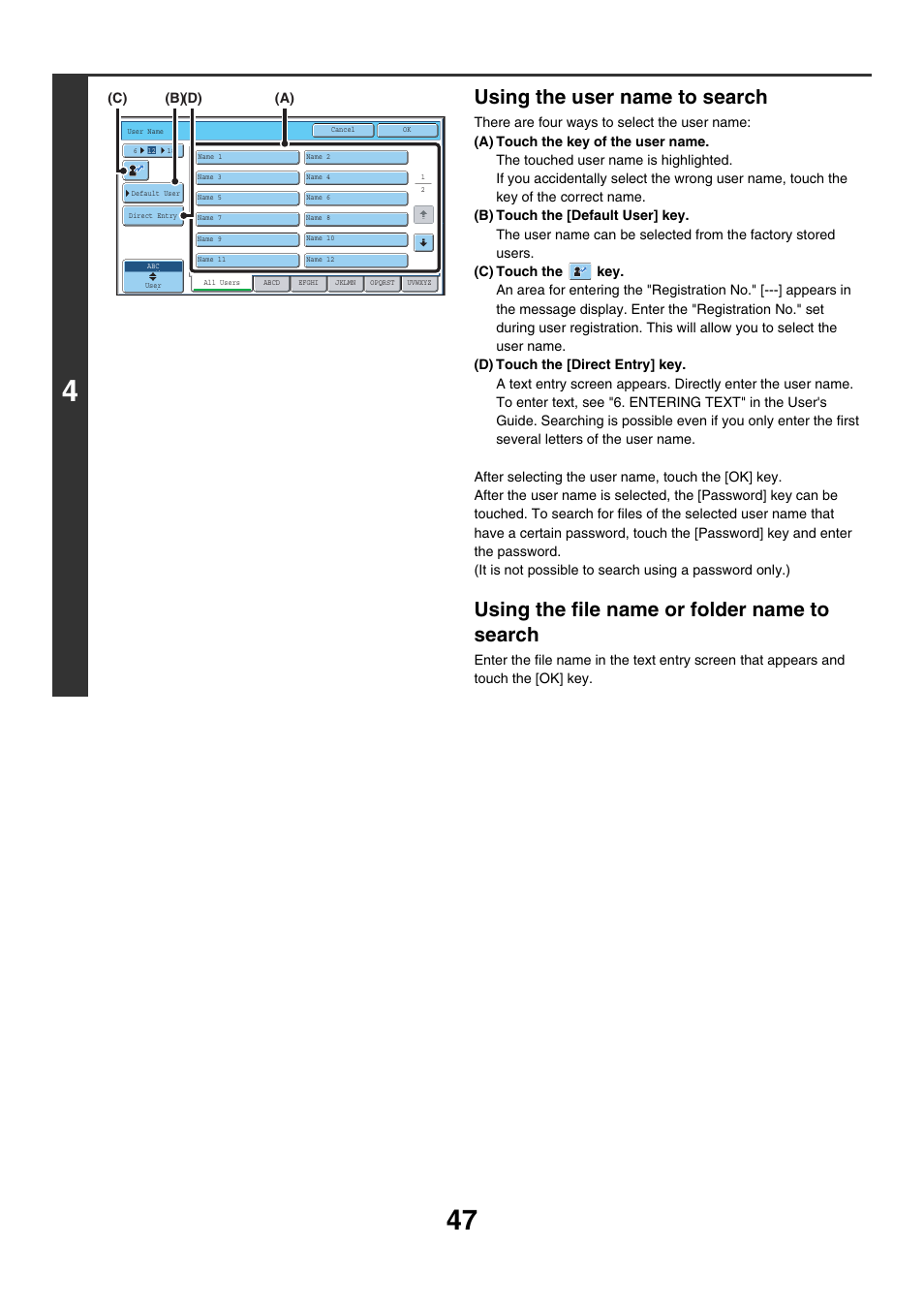 Using the user name to search, Using the file name or folder name to search | Sharp MX-7001 User Manual | Page 601 / 710