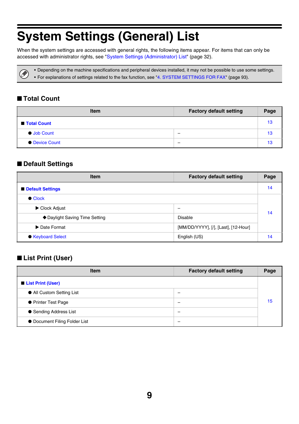 System settings (general) list, Total count ■ default settings ■ list print (user) | Sharp MX-7001 User Manual | Page 612 / 710