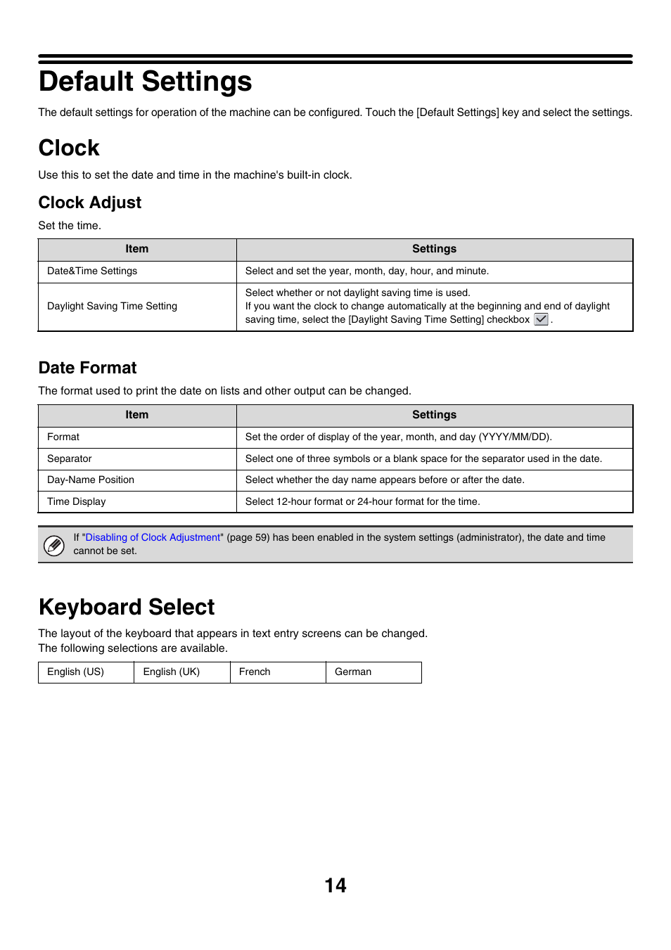 Default settings, Clock, Keyboard select | Clock adjust, Date format | Sharp MX-7001 User Manual | Page 617 / 710