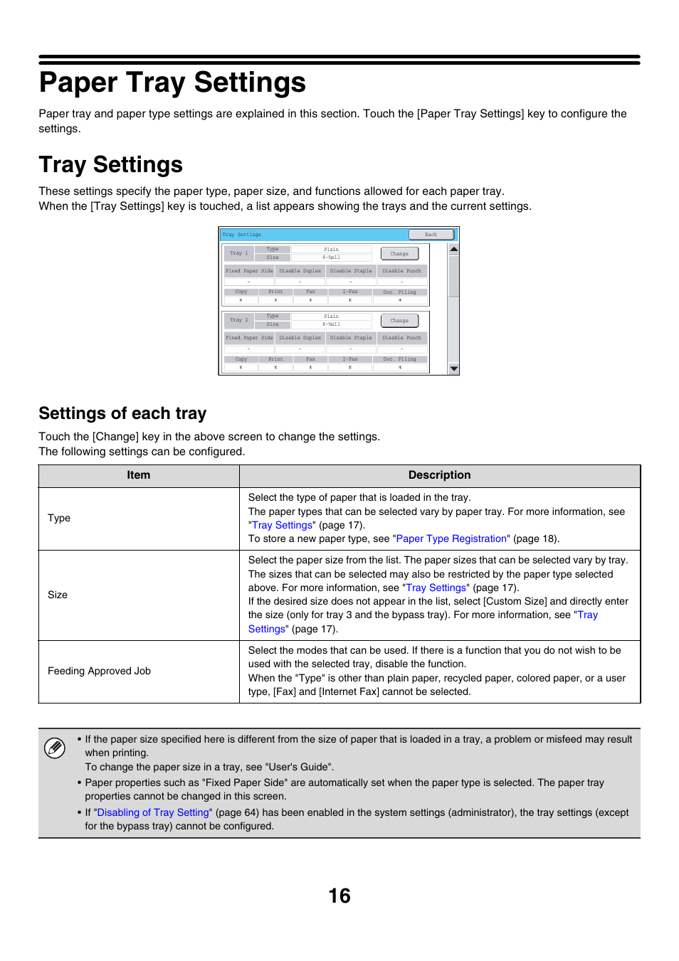 Paper tray settings, Tray settings, Settings of each tray | Sharp MX-7001 User Manual | Page 619 / 710