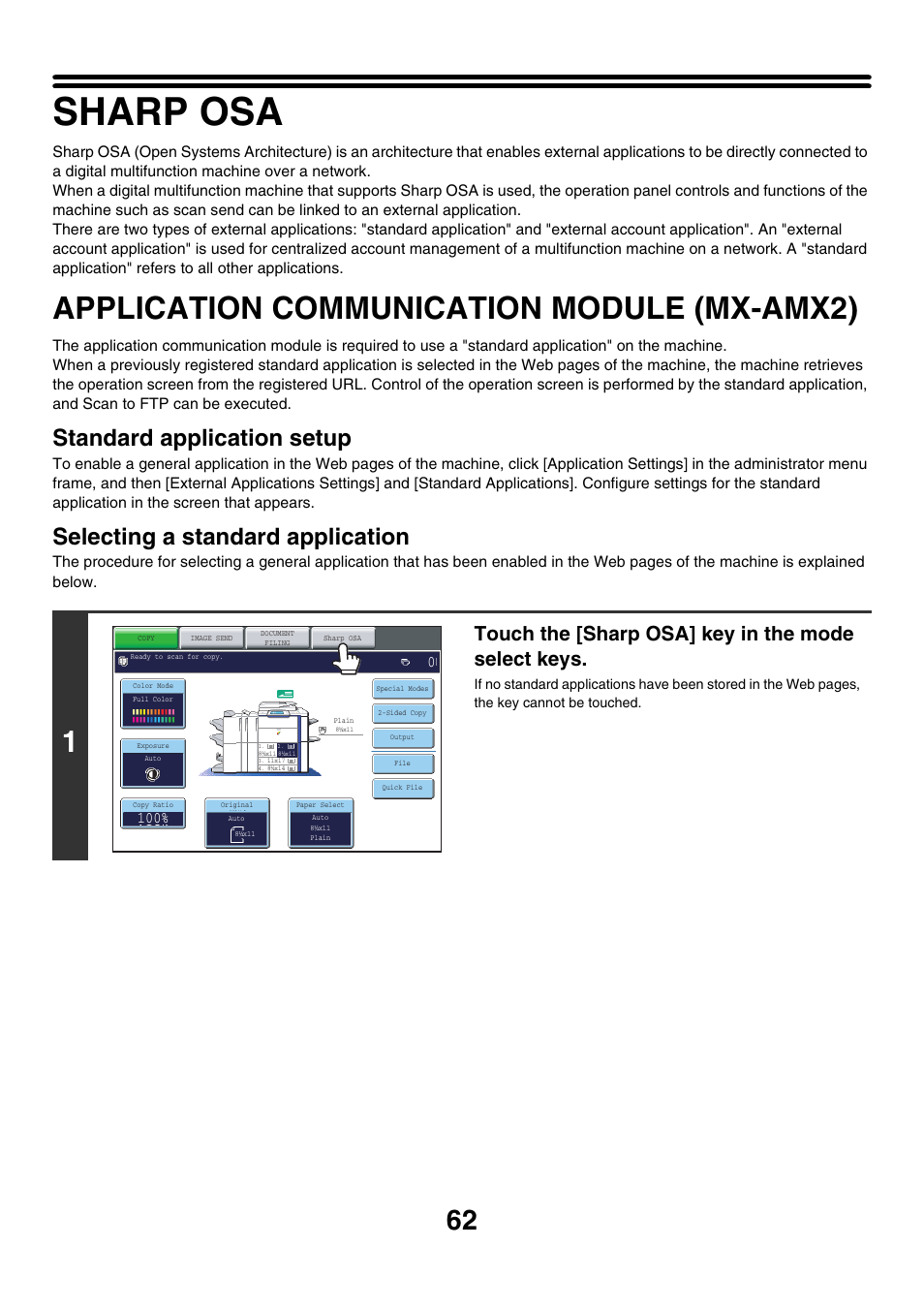 Sharp osa, Application communication module, Mx-amx2) | Application communication module (mx-amx2), Standard application setup, Selecting a standard application, Touch the [sharp osa] key in the mode select keys | Sharp MX-7001 User Manual | Page 62 / 710