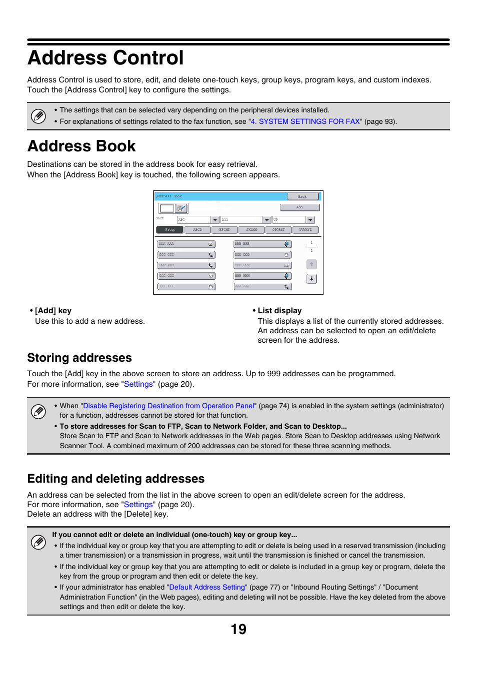 Address control, Address book, Storing addresses | Editing and deleting addresses | Sharp MX-7001 User Manual | Page 622 / 710