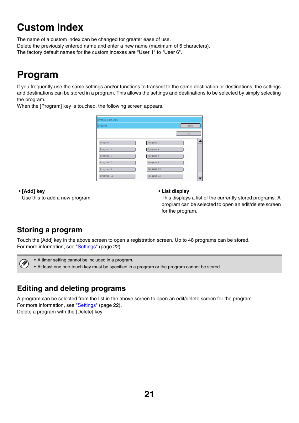 Custom index, Program, Storing a program | Editing and deleting programs | Sharp MX-7001 User Manual | Page 624 / 710