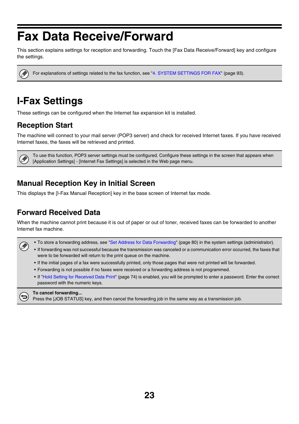 Fax data receive/forward, I-fax settings, Reception start | Manual reception key in initial screen, Forward received data | Sharp MX-7001 User Manual | Page 626 / 710