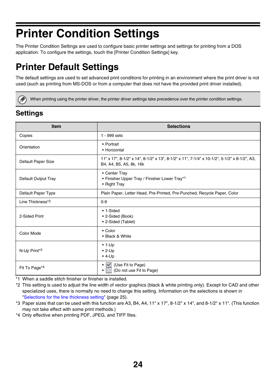 Printer condition settings, Printer default settings, Settings | Sharp MX-7001 User Manual | Page 627 / 710