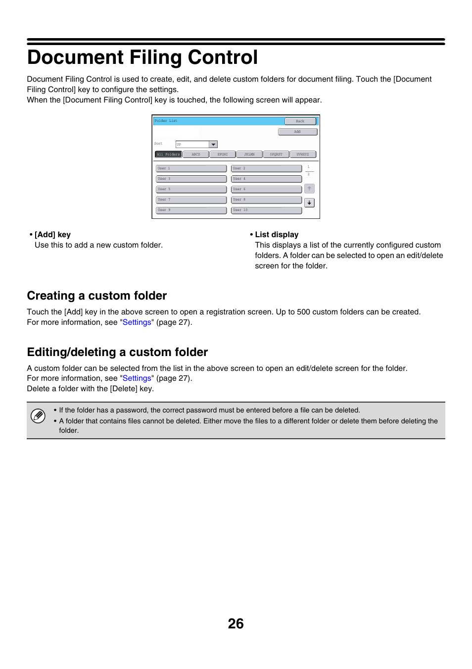 Document filing control, Creating a custom folder, Editing/deleting a custom folder | Sharp MX-7001 User Manual | Page 629 / 710
