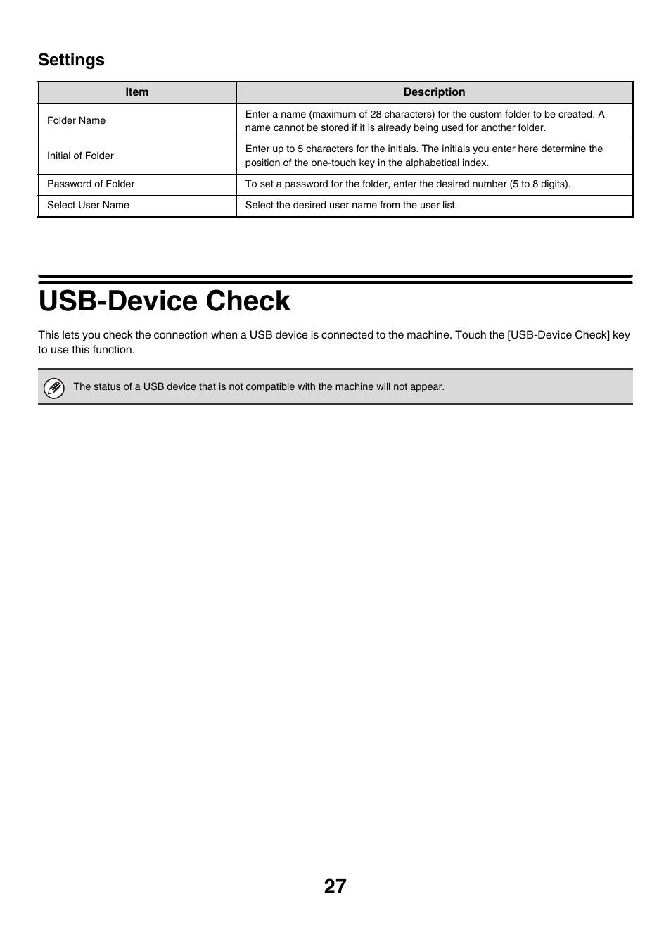 Usb-device check, Settings, E 27 | Sharp MX-7001 User Manual | Page 630 / 710
