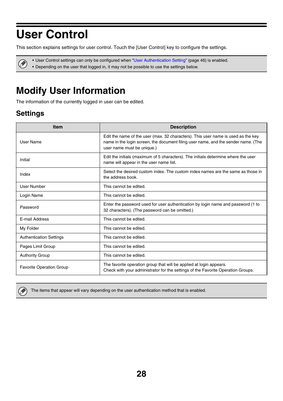 User control, Modify user information, Settings | Sharp MX-7001 User Manual | Page 631 / 710