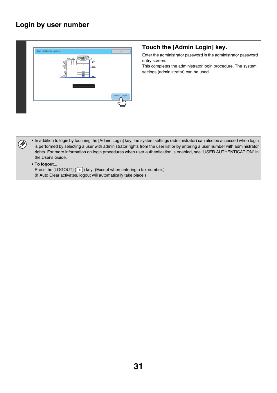 Login by user number, Touch the [admin login] key | Sharp MX-7001 User Manual | Page 634 / 710