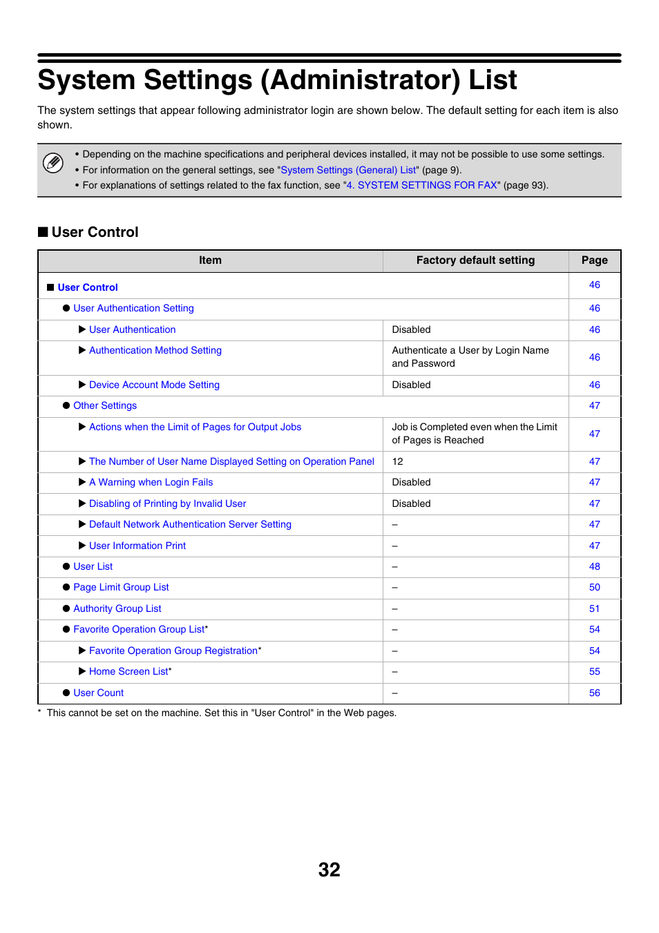 System settings (administrator) list, E 32), User control | Sharp MX-7001 User Manual | Page 635 / 710