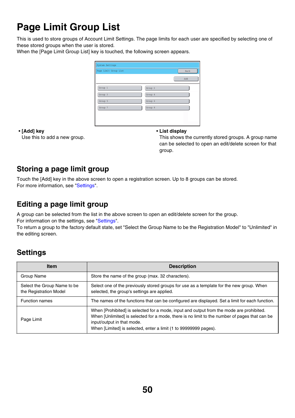 Ge 50), Page limit group list, Storing a page limit group | Editing a page limit group, Settings | Sharp MX-7001 User Manual | Page 653 / 710