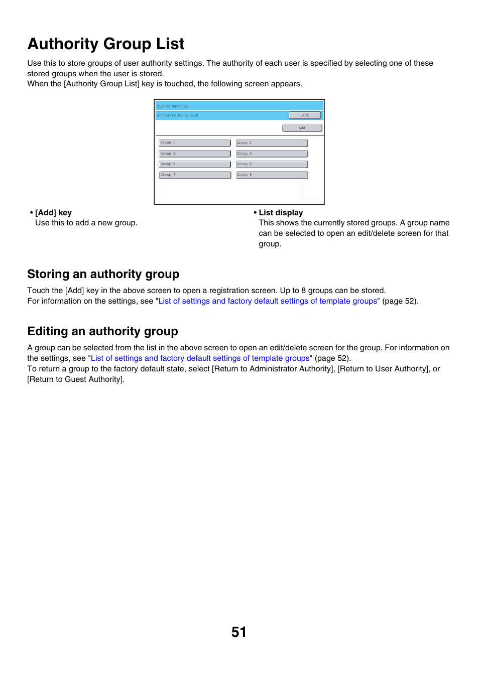 Authority group list, Storing an authority group, Editing an authority group | Sharp MX-7001 User Manual | Page 654 / 710