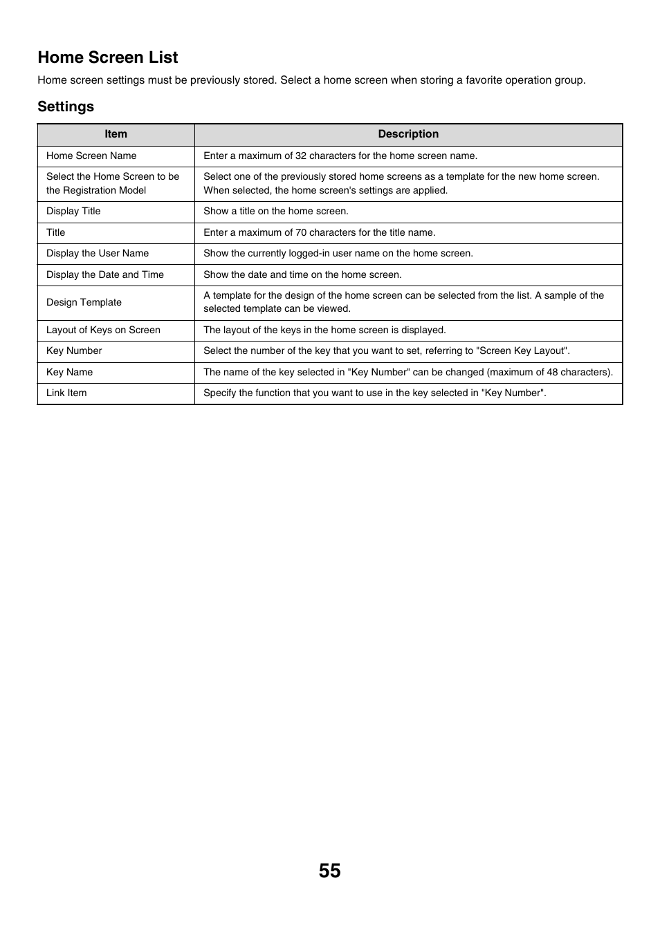 Home screen list, Settings | Sharp MX-7001 User Manual | Page 658 / 710