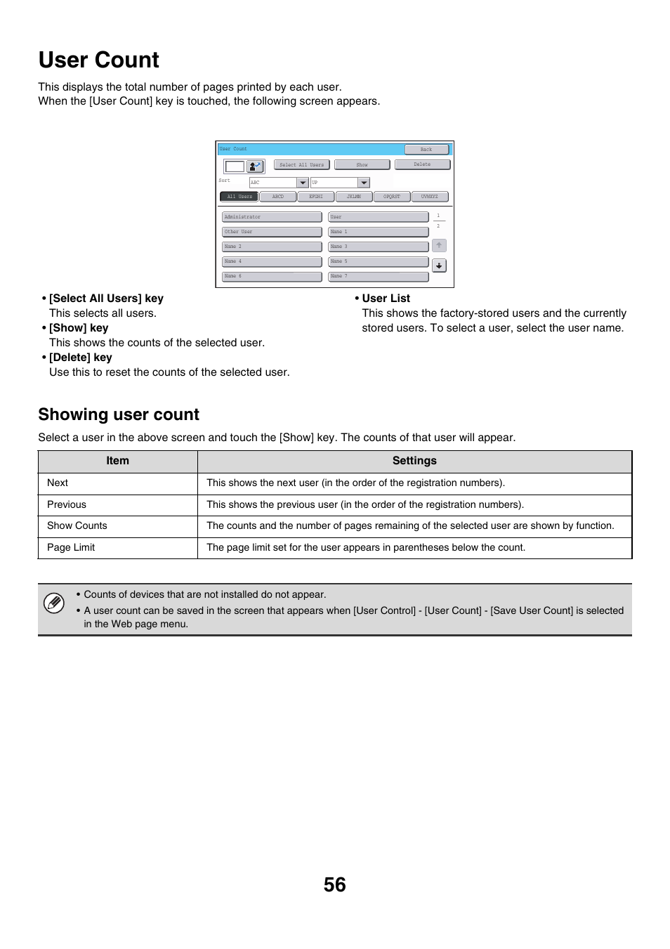 User count, Showing user count | Sharp MX-7001 User Manual | Page 659 / 710
