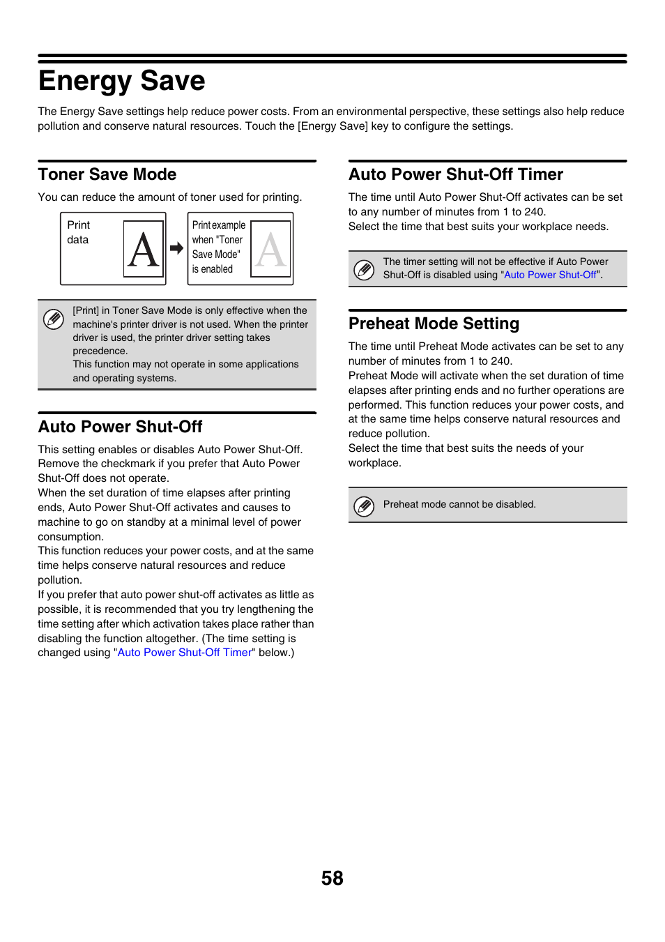 Energy save, Toner save mode, Auto power shut-off | Auto power shut-off timer, Preheat mode setting | Sharp MX-7001 User Manual | Page 661 / 710
