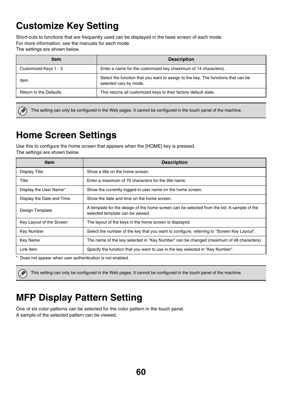 Customize key setting, Home screen settings, Mfp display pattern setting | Sharp MX-7001 User Manual | Page 663 / 710