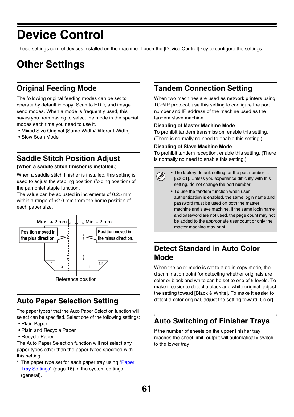 Device control, Other settings, Original feeding mode | Saddle stitch position adjust, Auto paper selection setting, Tandem connection setting, Detect standard in auto color mode, Auto switching of finisher trays | Sharp MX-7001 User Manual | Page 664 / 710