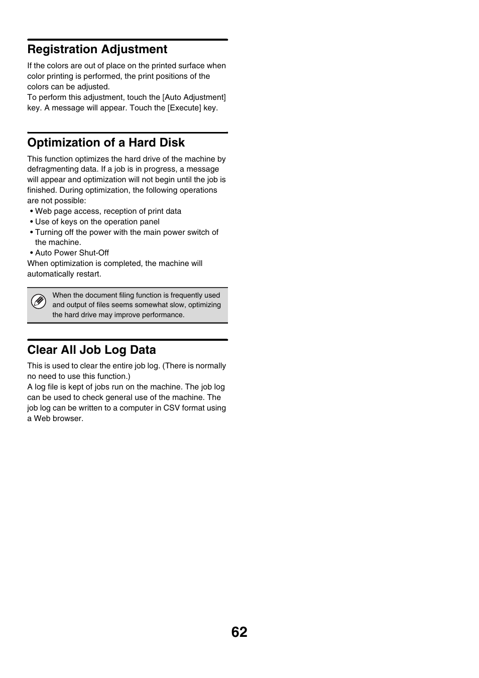 Registration adjustment, Optimization of a hard disk, Clear all job log data | Sharp MX-7001 User Manual | Page 665 / 710
