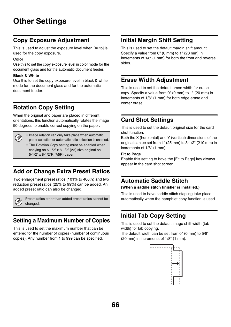 Other settings, Copy exposure adjustment, Rotation copy setting | Add or change extra preset ratios, Setting a maximum number of copies, Initial margin shift setting, Erase width adjustment, Card shot settings, Automatic saddle stitch, Initial tab copy setting | Sharp MX-7001 User Manual | Page 669 / 710