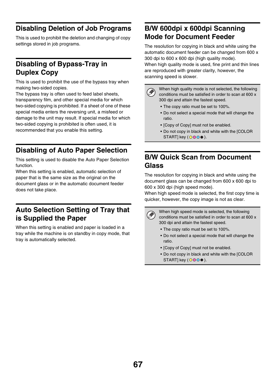 Disabling deletion of job programs, Disabling of bypass-tray in duplex copy, Disabling of auto paper selection | B/w quick scan from document glass | Sharp MX-7001 User Manual | Page 670 / 710