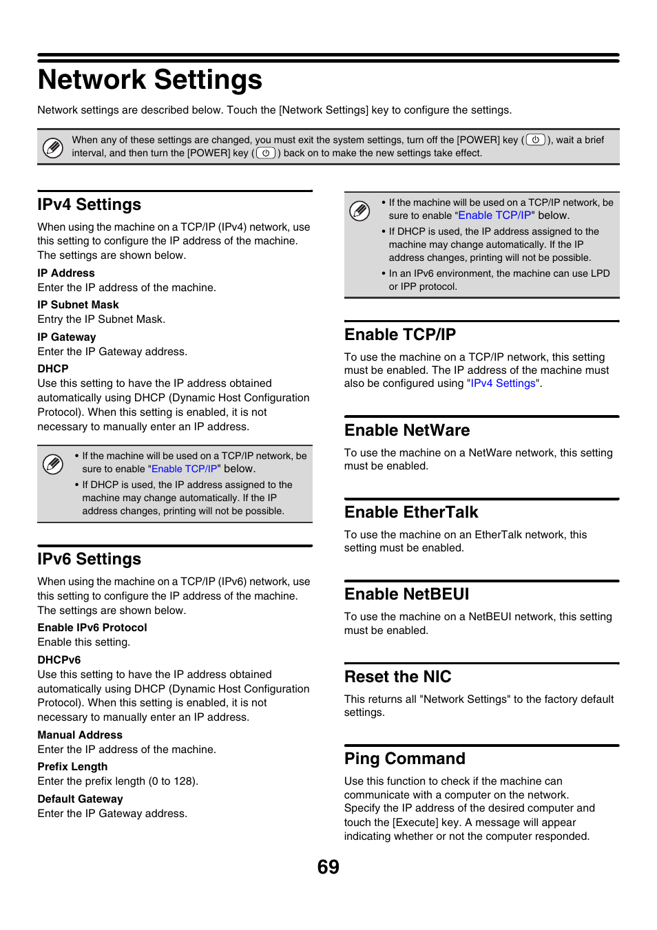 Network settings, Ipv4 settings, Ipv6 settings | Enable tcp/ip, Enable netware, Enable ethertalk, Enable netbeui, Reset the nic, Ping command | Sharp MX-7001 User Manual | Page 672 / 710