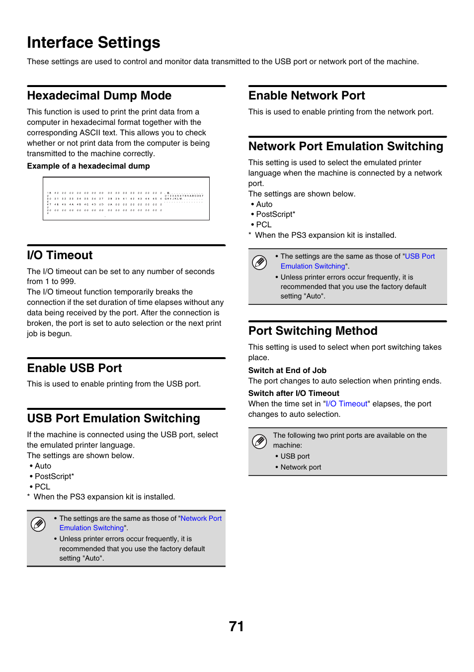 Interface settings, Hexadecimal dump mode, I/o timeout | Enable usb port, Usb port emulation switching, Enable network port, Network port emulation switching, Port switching method | Sharp MX-7001 User Manual | Page 674 / 710