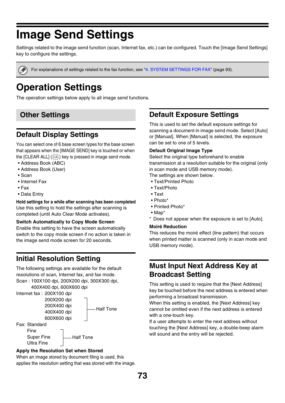 Image send settings, Operation settings, Other settings | Default display settings, Initial resolution setting, Default exposure settings, Must input next address key at broadcast setting | Sharp MX-7001 User Manual | Page 676 / 710