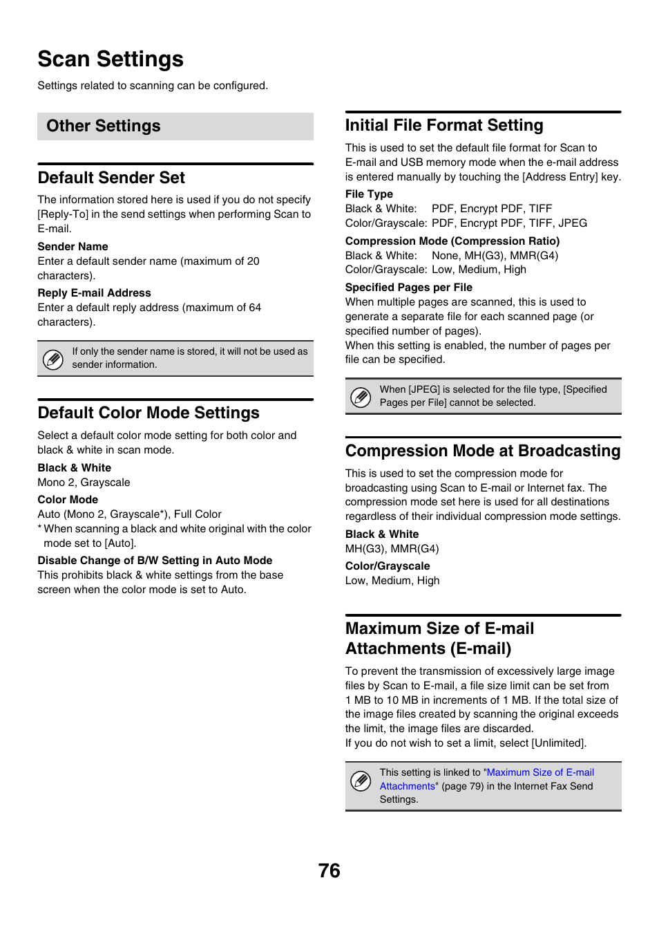 Scan settings, Other settings, Default sender set | Default color mode settings, Initial file format setting, Compression mode at broadcasting, Maximum size of e-mail attachments (e-mail) | Sharp MX-7001 User Manual | Page 679 / 710